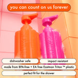 image of amika forever friend shampoo + conditioner refillable bottles. benefits: you can count on us forever. dishwasher safe. impact resistant. made from BPA-free + EA free Eastman Tritan™ plastic. perfect fit for the shower.