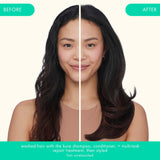 front of model's hair before and after using the kure shampoo, conditioner, and multitask treatment mask. washed hair with the kure shampoo, conditioner, + multitask repair treatment, then styled. *hair unretouched