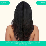 back of model's hair before and after using the kure shampoo, conditioner, and multitask treatment mask. washed hair with the kure shampoo, conditioner, + multitask repair treatment, then styled. *hair unretouched