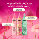 a good hair day's an amika minute away: 60 seconds to 62% more shine** w/ flash mask, 60 seconds to 73% less frizz* w/ smooth over, 60 seconds to 1.8x stronger hair†. *clinically proven after one use. **clinically proven, when using mirrorball shampoo + flash mask together. †clinically proven when used as directed.