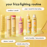 amika: your frizz-fighting routine: cleanse + smooth w/ velveteen dream shampoo, condition + smooth w/ velveteen dream conditioner, prep + smooth for heat styling w/ velveteen dream smoothing balm, lock in humidity + heat protection w/ the shield, instantly reduce frizz w/ smooth over frizz-fighting treatment