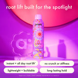 image of amika rising star volumizing finishing spray 5.3 oz bottle. text: root lift built for the spotlight. instant + all day root lift*, no crunch or stiffness, lightweight + buildable, long-lasting hold. *based on a visual expert grading evaluation of 31 subjects.