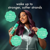 image of a model holding new amika midnight mender overnight strength repair treatment. title reads: "wake up to stronger, softer strands". claims: 9x straonger hair by morning*, repairs signs of damage in 1 night*, 89% less breakage + seals split ends*. *clinically proven, when used as directed. 