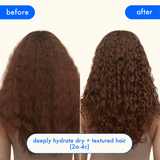 a before and after image of an auburn-haired model. before shows rough, dehydrated, and frizzy curls. the after image shows hydrated, smooth, and shiny curls. text reads: "deeply hydrate dry and textured hair (2a to 4c).".