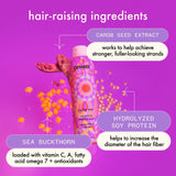 amika rising star volumizing finishing spray 5.3 oz bottle. text: hair-raising ingredients: carob seed extract -works to help achieve stronger, fuller-looking strands. hydrolyzed soy protein-helps to increase the diamete of the hair fiber. sea buckthorn-loaded with vitamin C,A, fatty acid Omega 7 + antioxidants. 