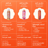 chart comparing perk up, perk up plus, + perk up ultra. perk up dry shampoo: refreshes roots, voluminous 'oomph', invisible finish. wash cycle: 3-4x/wk, ingredients: rice starch, sea buckthorn. perk up ultra: controls oil, dry feel + finish, brushable white cast. wash cycle: 4+ x/wk. ingredients: tapioca starch, sea buckthorn. perk up plus: boosts time between washes, no residue, buildable. wash cycle: 1-2x/wk. ingredients: arrowroot powder, sea buckthorn.