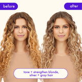 the bust your brass system visibly tones and strengthens blonde, silver, and gray hair. the before image shows a model's hair with brassy, warm tones, while the after reveals cooler, brighter hues with enhanced vibrancy and shine. The product helps neutralize brassiness, leaving hair looking healthier, stronger, and more refreshed.