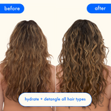 before-an-after image: hair on the left is before using hydro rush leave-in conditioner, hair on the right is after. hydrate + detangle all hair types. 