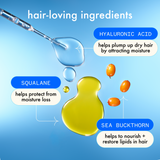 image of hydro rush ingredients against a clinical blue background. text reads: "hair-loving ingredients. hyaluronic acid helps plump up dry hair by attracting moisture. squalane helps protect from moisture loss. sea buckthorn helps to nourish and restore lipids in hair.". 