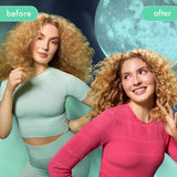 image of the same model posing in front of a large moon. the left image is 'before' using midnight mender - the hair is dryer, frizzier and they hold the damage ends. on the right is 'after' - the hair is healthier. 