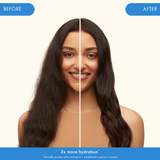 before and after of model who used hydro rush shampoo + conditioner. wash your way to 3x more hydrated* hair - *clinically proven when using hydro rush shampoo + conditioner as a system. 
