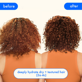 a before and after image of an auburn-haired model. before shows rough, dehydrated, and frizzy curls. the after image shows hydrated, smooth, and shiny curls. text reads: "deeply hydrate dry and textured hair (2a to 4c).".