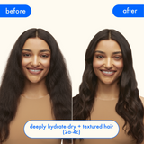 a before and after image of a brown-haired model. before shows rough, dehydrated, and frizzy waves. the after image shows hydrated, smooth, and shiny waves. text reads: "deeply hydrate dry and textured hair (2a to 4c).".