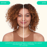 front view of model's curly hair before and after washed hair with the kure shampoo + conditioner, then applied kure bond repair mask for 10 minutes. *hair unretouched
