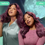 image of the same model posing in front of a large moon. the left image is 'before' using midnight mender - the hair is dryer, frizzier and they hold the damage ends. on the right is 'after' - the hair is healthier. 