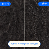 before-an-after image: hair on the left is before using hydro rush leave-in conditioner, hair on the right is after. hydrate + detangle all hair types. 