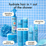 image of hydration collection against a blue tiled bathroom. text reads: "hydrate hair in and out of the shower. the hydro rush leave-in conditioner detangles, the hydro rush mask provides intense moisture, hydro rush shampoo and conditioner are your wash day duo, dream routine is an overnight treatment, and water sigh is a silicone-free oil. 