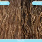 a before and after close-up of hydro rush shampoo and conditioner on a model. image on the left side is before wash and the image on the right depicts hair post-wash. hair is untouched.  