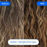 before-an-after image: hair on the left is before using hydro rush leave-in conditioner, hair on the right is after. hydrate + detangle all hair types. 