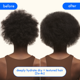 a before and after image of a brown-haired model. before shows rough, dehydrated, and frizzy coils. the after image shows hydrated, smooth, and shiny coils. text reads: "deeply hydrate dry and textured hair (2a to 4c).".