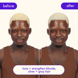 the bust your brass system visibly tones and strengthens blonde, silver, and gray hair. The before image shows a model's hair with brassy, warm tones, while the after reveals cooler, brighter hues with enhanced vibrancy and shine. The product helps neutralize brassiness, leaving hair looking healthier, stronger, and more refreshed.