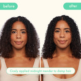 Before and after model image. left image is before - hair appears dryer, frizzier. right image: hair is healthier, smoother + shinier. text: "Cicely applied midnight mender to damp hair."