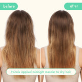 Before and after model image. left image is before - hair appears dryer, frizzier. right image: hair is healthier, smoother + shinier. text: "Nicole applied midnight mender to dry hair."