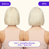 the bust your brass system visibly tones and strengthens blonde, silver, and gray hair. The before image shows a model's hair with brassy, warm tones, while the after reveals cooler, brighter hues with enhanced vibrancy and shine. The product helps neutralize brassiness, leaving hair looking healthier, stronger, and more refreshed.