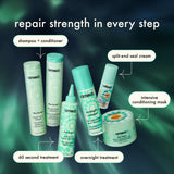 image of 6 amika products before a green tie-dye background. The title reads: "repair strength in every step".  from left: botttles of the kure shampoo + condtioner, the kure multi-task strength 60-second treatment, midnight mender overnight treatment, the closer split end seal cream and the kure intensive conditioning mask.