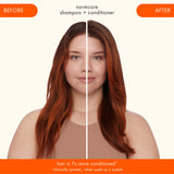 model's hair before and after using normcore shampoo + conditioner. claim: hair is 7x more conditioned*. *clinically proved, when used as a system