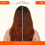 back of model's hair before and after using normcore shampoo + conditioner. claim: hair is 7x more conditioned*. *clinically proved, when used as a system