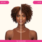 before and after image: hair on the left is before using amika reset gel shampoo + conditioner, hair on the right is after. hair unretouched. 