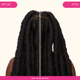 before and after image: hair on the left is before using amika reset gel shampoo + conditioner, hair on the right is after. hair unretouched. 