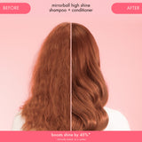 back of model's hair before and after using mirrorball high shine shampoo + conditioner. boosts shine by 45%*. *clinically tested, as a system.