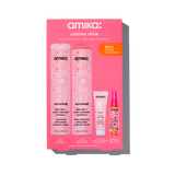 outer box of amika sublime shine wash + care routine set: mirrorball high shine + protect antioxidant shampoo + conditioner, flash intense shine mask treatment, and the wizard silicone-free detangling primer. 