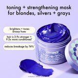 the bust your brass toning + strength repair mask is designed for blondes, silvers, and grays, offering a solution to brighten and tone brassy hues. Clinically proven to make hair 3.9x stronger and 9.5x more conditioner with 74% less breakage after one use. The sleek lavender jar, set against a soothing purple backdrop, highlights the duo’s ability to neutralize warm tones and maintain vibrant, healthy-looking hair.