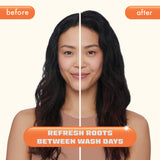 Side-by-side image showing a woman with long, dark, wavy hair before and after using a product. The left side (before) shows slightly dull and flat hair, while the right side (after) shows refreshed, lifted roots with more volume. The top corners have orange labels reading 'before' and 'after.' At the bottom of the image, an orange and white banner reads 'Refresh Roots Between Wash Days.' The woman is wearing a neutral-colored top, and the background is a soft, light cream color.