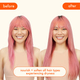 the soulfood nourishing mask nourishes and softens all hair types experiencing dryness. the before image shows a model with pink fantasy hair. the hair is dull, rough hair. the after image shows the same model with shiny, smooth strands. 