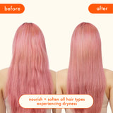 the soulfood nourishing mask nourishes and softens all hair types experiencing dryness. the before image shows the back of a model's hair. the model has pink fantasy hair. the hair is dull and rough. the after image depicts the same model with shiny, smooth strands. 